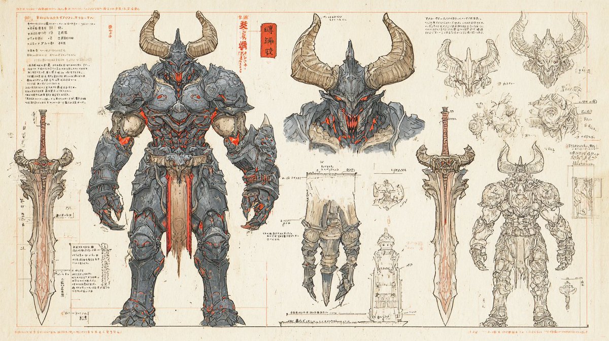 奇幻骑士角色设定图：贵族奇幻骑士身着华丽盔甲，全身姿态及剑、护手、头盔羽饰与侧脸特写，技术性赛璐璐上色，蓝图式构图，日文标注，远处中世纪山脉与城堡以水彩绘制，高度精细的设计文档 --ar 16...