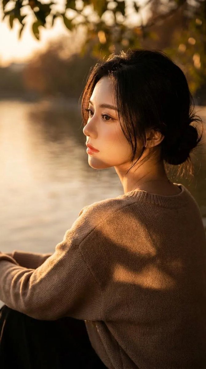一幅超写实电影感人像摄影，描绘一位美丽的年轻女子在黄金时段的日落时分，宁静地坐在平静的湖边，以柔和的侧脸姿态定格。她拥有优雅精致的面部特征、焕发光彩的皙白肌肤、柔和自然的妆容、水润的唇彩，以及...