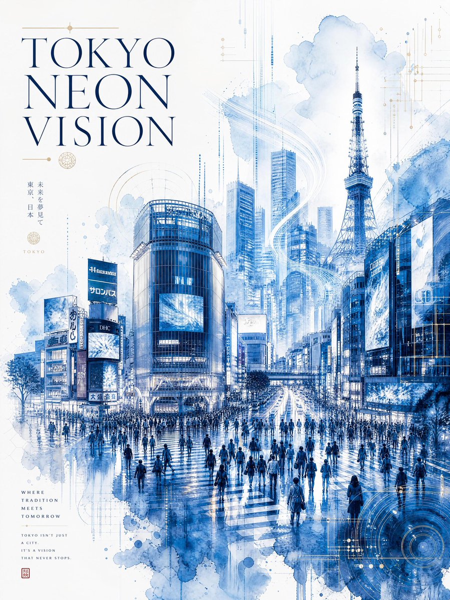 超精细水彩旅行海报，标题为“TOKYO NEON VISION（东京霓虹幻境）”，将未来主义城市建筑与优雅的日本传统美学相融合。东京标志性的涩谷十字路口令人叹为观止的全景画面，在细雨绵绵的日子...
