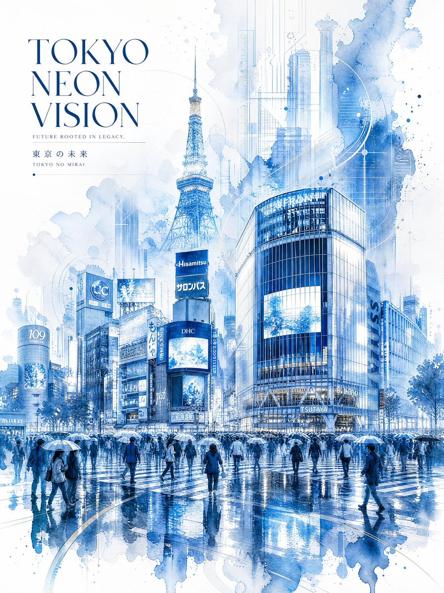 超精细水彩旅行海报，标题为“TOKYO NEON VISION（东京霓虹幻境）”，将未来主义城市建筑与优雅的日本传统美学相融合。东京标志性的涩谷十字路口令人叹为观止的全景画面，在细雨绵绵的日子...
