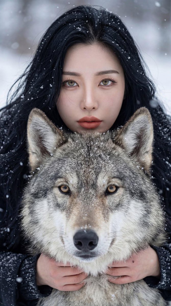 电影感的冬季肖像：一位年轻、肤色苍白的女性，长长的深色头发上沾着雪，她紧紧站在一只威严的灰狼身后。她身穿一件毛领厚重的冬季大衣，表情强烈、平静而深情，直视镜头。灰狼安静而警觉，浓密的毛发覆满霜...