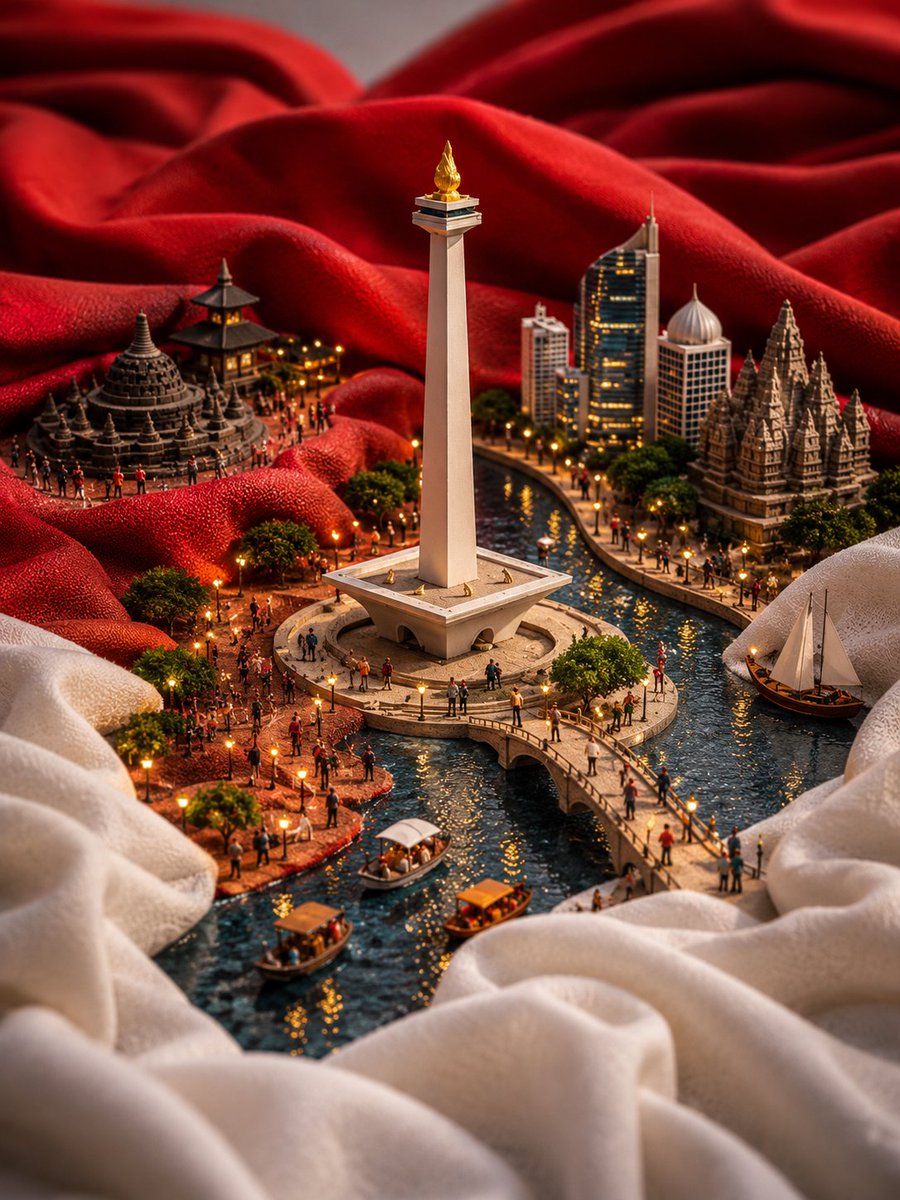 超精细微缩立体场景：中国被嵌入一面巨大流动的中国国旗的褶皱之中，以电影级移轴倾斜摄影风格拍摄。鲜红的天蚕丝织物构成连绵起伏的山丘与河谷，巨大金色五角星在柔和虚化的背景中隐约可见。中央矗立着宏伟...