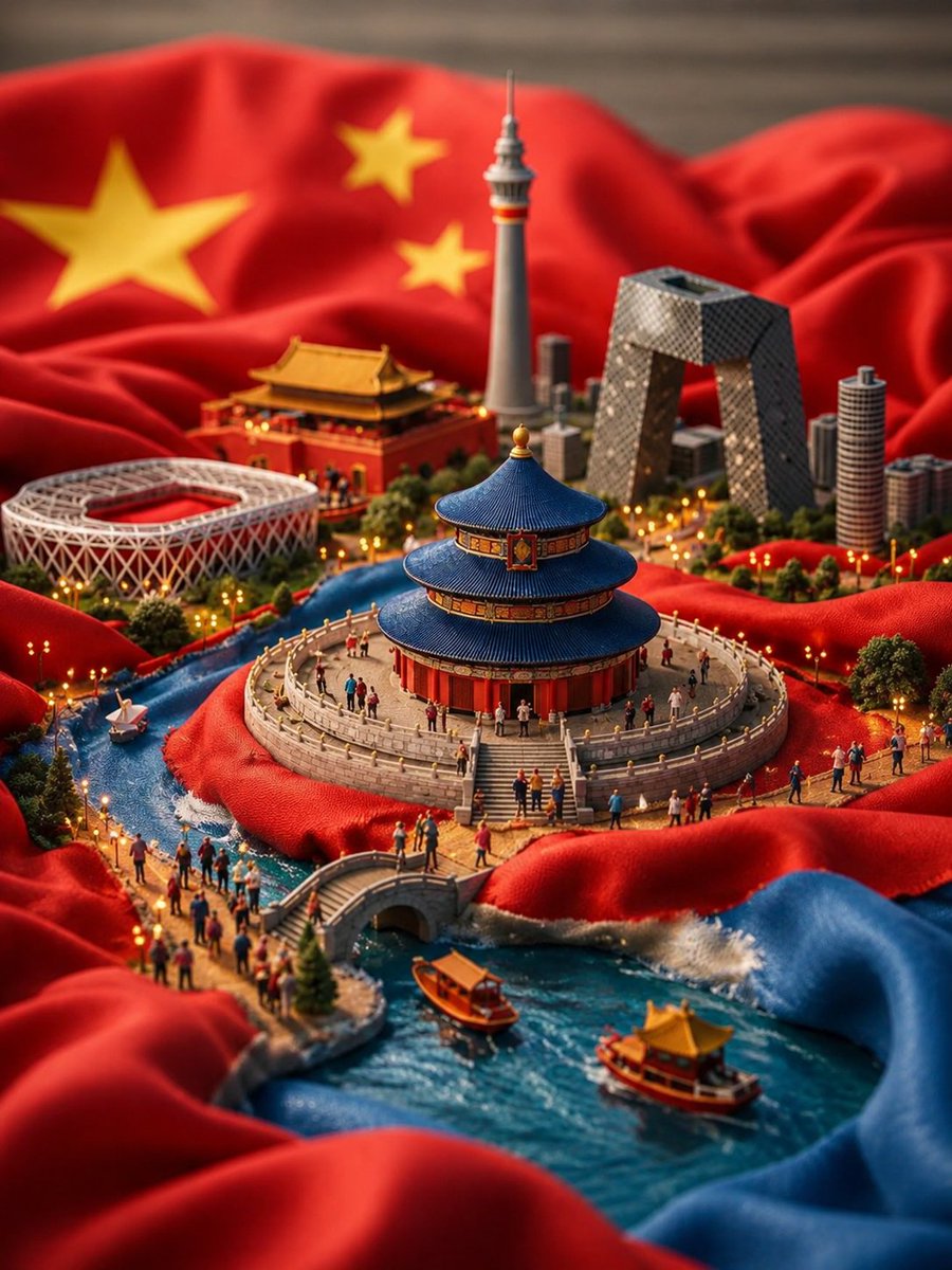 超精细微缩立体场景：中国被嵌入一面巨大流动的中国国旗的褶皱之中，以电影级移轴倾斜摄影风格拍摄。鲜红的天蚕丝织物构成连绵起伏的山丘与河谷，巨大金色五角星在柔和虚化的背景中隐约可见。中央矗立着宏伟...