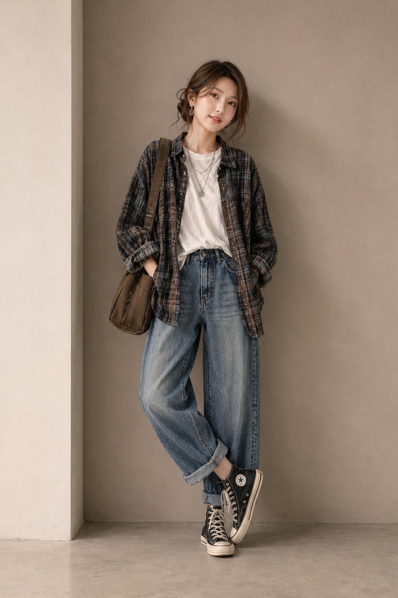 一位年轻东亚女性的超写实全身时尚肖像，室内随意地靠在一面极简米色墙前，柔和的自然窗光，表情放松自信，蓬松凌乱的低发髻发型，伴有修饰脸型的碎发，淡妆，叠戴的银色项链与小耳环，宽松深色格纹法兰绒衬...