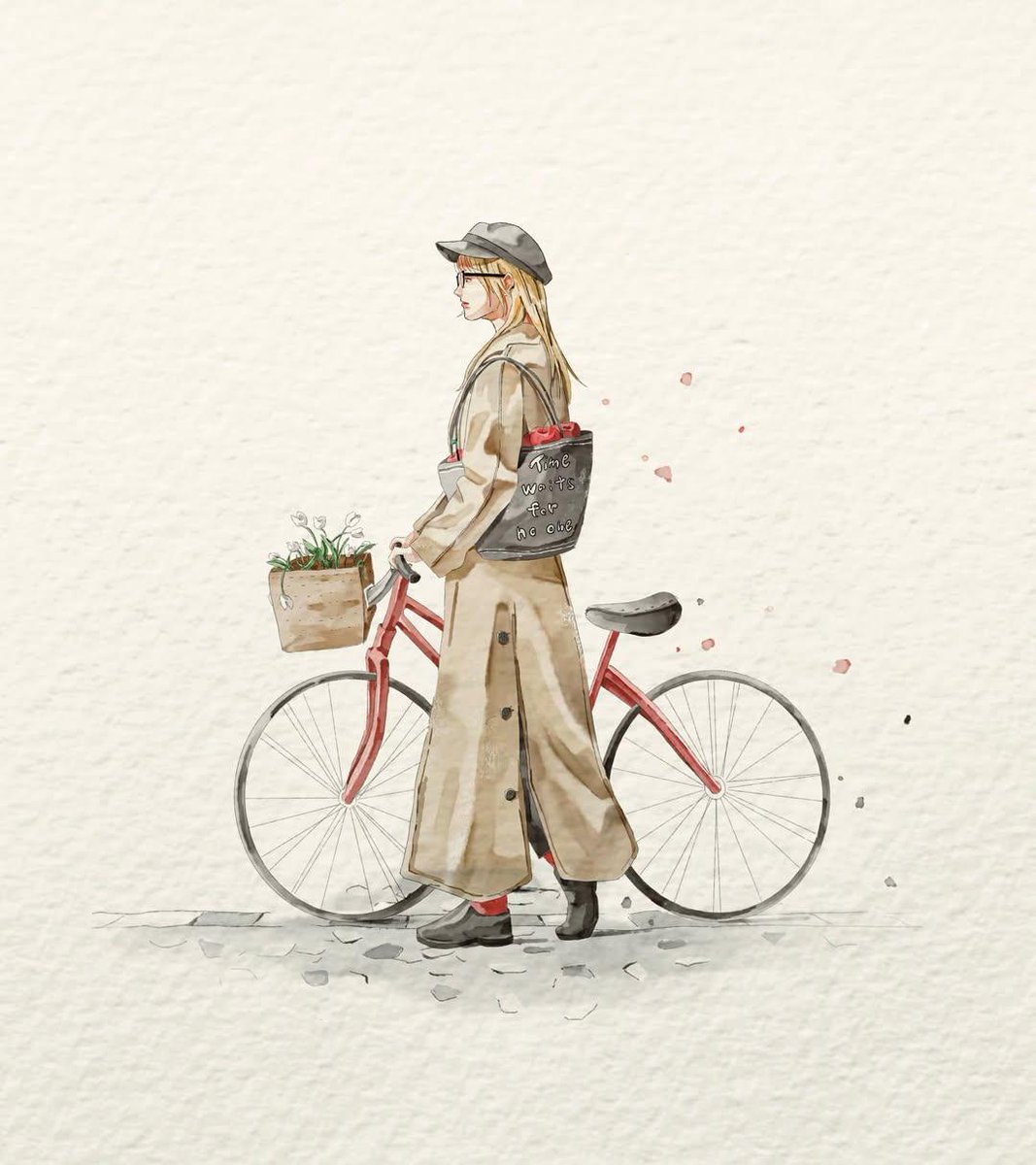 一幅精致的时装水彩插画，绘制在带有纹理的米白色手工纸上。年轻女子以侧脸呈现，漫步于一辆复古红色自行车旁。她身穿一件长及脚踝的米色风衣，头戴柔软的灰色鸭舌帽，脚蹬黑色短靴，红色袜子微微露出。长长...