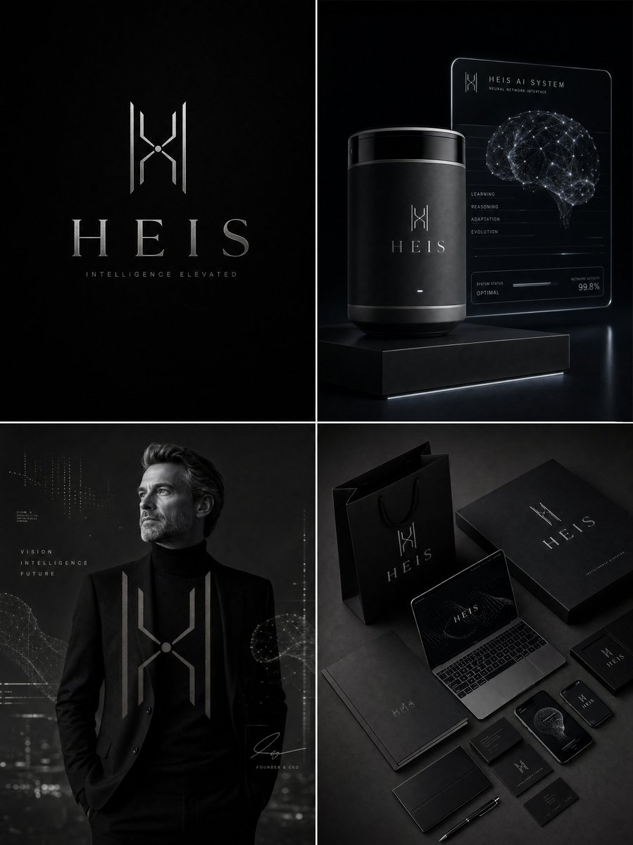 豪华 AI 品牌识别板,用于 "HEIS",超高端人工智能公司品牌设计,哑光黑与铂金银色调色板,精致极简风格,苹果级别的细节关注,未来感而永恒的...