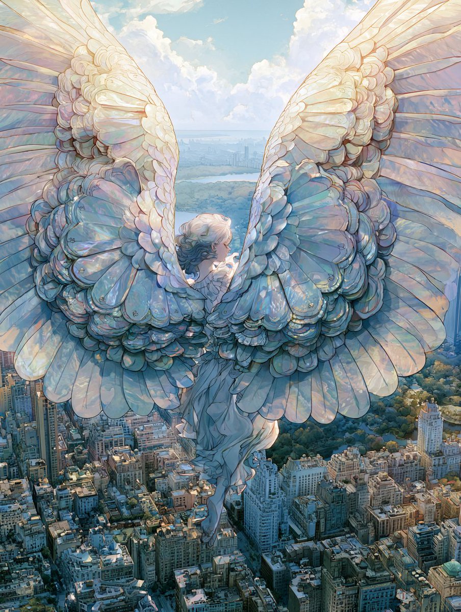 🕊提示词挑战!!✨ 借用了苍月老师的提示词♪ 「 水之天使 」 🌈彩虹 × 真实 顺便也投稿到 #AI原貌 (#AIありのまま) 展♪ 让位于中央公园喷泉的「水之女神」高高飞舞至天空♪ 飞向能...