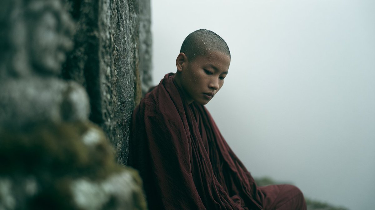 [主体] 坐在[岩石/表面细节]上，位于一个[户外地点]，被浓密的乳白色雾气完全吞没，以主体平视视角拍摄，使用[相机系统]和[焦距]镜头搭配[胶片]，哥特式美术肖像编辑风格，[肤色]皮肤以极致...