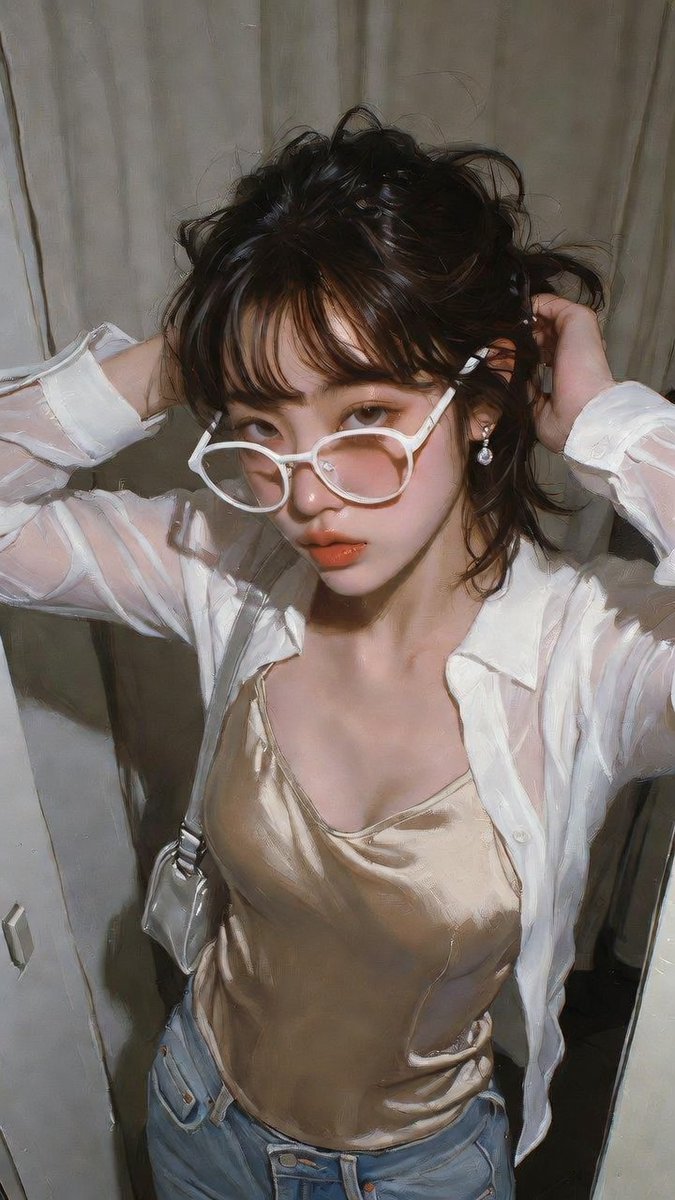 创作一张写实编辑风格的人像照片，画面中有一位20岁的日韩女性肖像主体，搭配白色镜框细框眼镜，正常佩戴于面部，镜片对齐眼睛位置，并佩戴小巧水滴形宝石耳饰细节，呈现细腻低调的微光效果；身材为健美有...