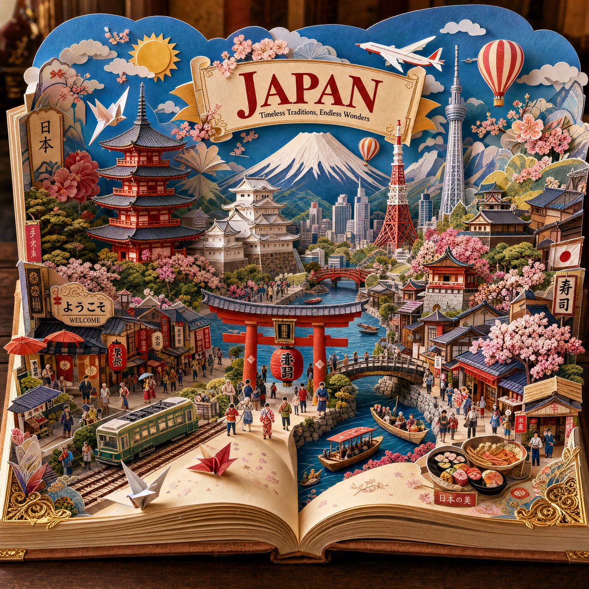 创作一幅超精细手工打造的 3D 立体书旅行插画，描绘 [DESTINATION]，呈现于一本精美翻开的复古书中。 画面应如同一本高端收藏级纸艺立体书，整个目的地以分层微缩立体场景的形式从书页中...