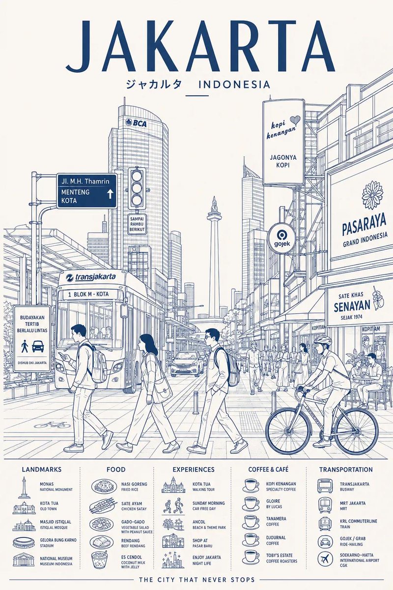 创建一张超高分辨率的极简线条艺术旅行海报，主题为 [DESTINATION]，将这座城市描绘为时尚的日常都市场景，而非游客明信片。 核心构图： - 中央构图展示这座城市最具标志性的街道、十字路...