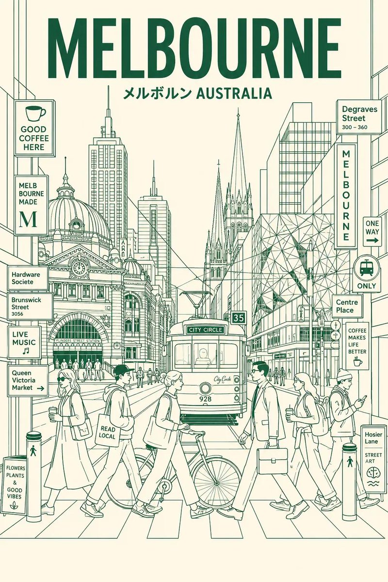 创建一张超高分辨率的极简线条艺术旅行海报，主题为 [DESTINATION]，将这座城市描绘为时尚的日常都市场景，而非游客明信片。 核心构图： - 中央构图展示这座城市最具标志性的街道、十字路...