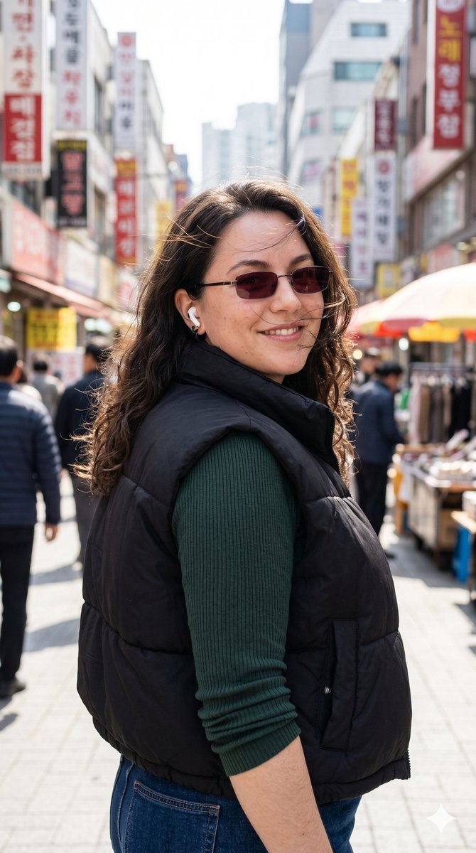 超写实都市街头时尚肖像,捕捉一位时尚年轻女性在繁忙的东亚商业街区中行走途中的瞬间。中近景构图,4:5竖版人像画幅,以略低于视平线的仰拍视角拍摄。主体位于画面左中位置,向前行走,同时回头越过肩膀...
