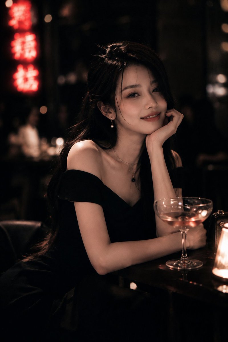 超写实电影感肖像，一位美丽的年轻女子，长长的黑发，身穿优雅的黑色露肩礼服，夜晚独自坐在灯光昏暗的豪华酒吧中，手持一杯鸡尾酒。柔和温暖的烛光，背景中红色霓虹中文招牌发光，氛围忧郁，浅景深，奶油般...