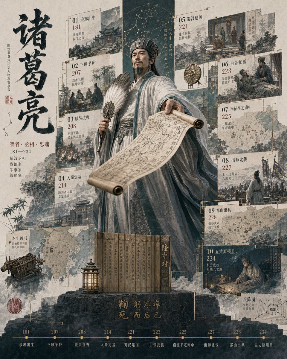 完整提示:https://t.co/dyRG88qbyl 生成一张细节丰富的"3D历史人物破框传记海报",具有电影级深度与档案级厚重质感。 [用户输入] 人物:[人物姓名] 身份:[皇帝 /...