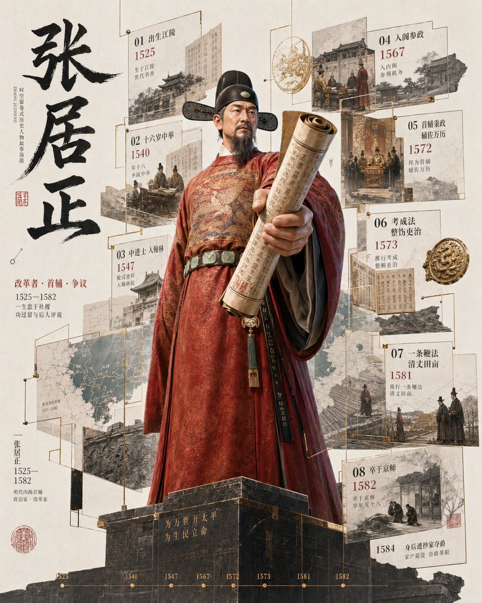完整提示:https://t.co/dyRG88qbyl 生成一张细节丰富的"3D历史人物破框传记海报",具有电影级深度与档案级厚重质感。 [用户输入] 人物:[人物姓名] 身份:[皇帝 /...