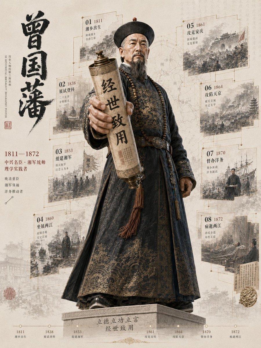 完整提示:https://t.co/dyRG88qbyl 生成一张细节丰富的"3D历史人物破框传记海报",具有电影级深度与档案级厚重质感。 [用户输入] 人物:[人物姓名] 身份:[皇帝 /...