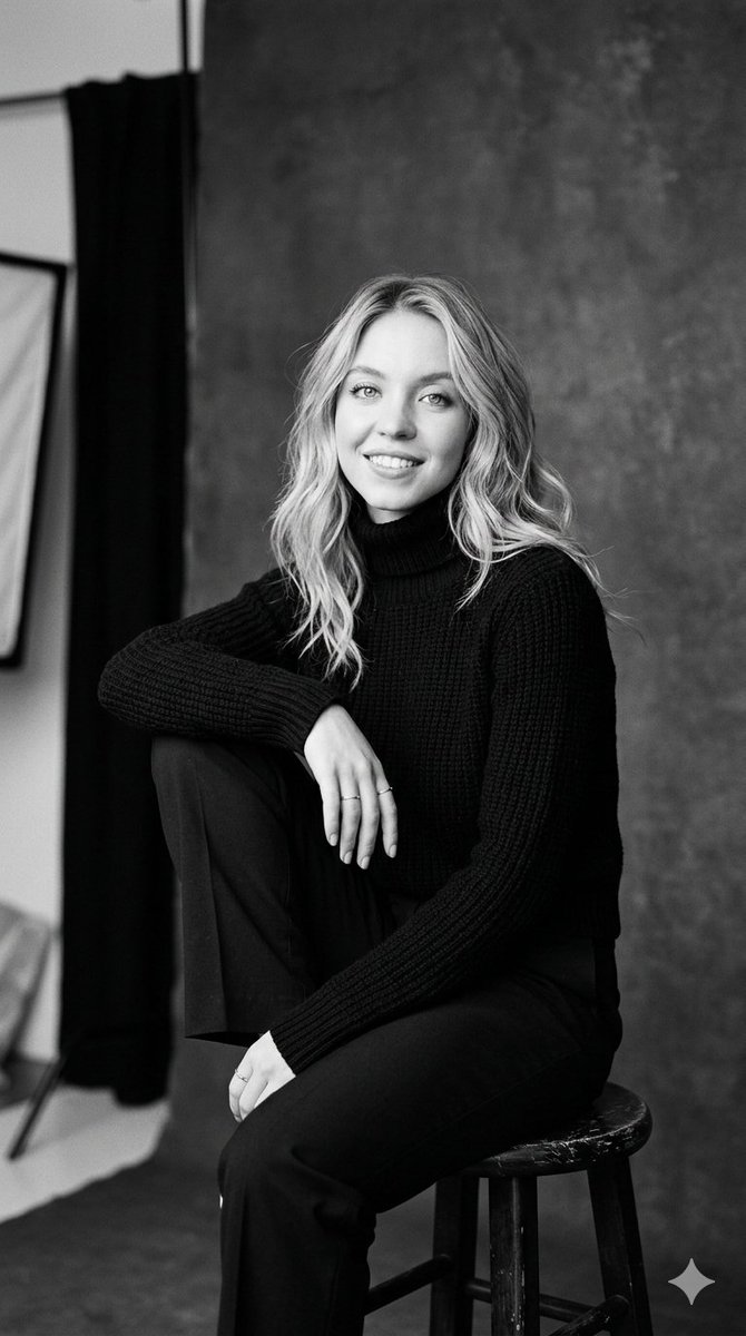一张Sydney Sweeney（Sydney Sweeney）的黑白影棚竖版肖像照，以经典而优雅的姿态呈现。她坐在一张质朴的木质凳子上，身体微微侧向一边，目光直视镜头，露出温暖而优雅的微笑。...
