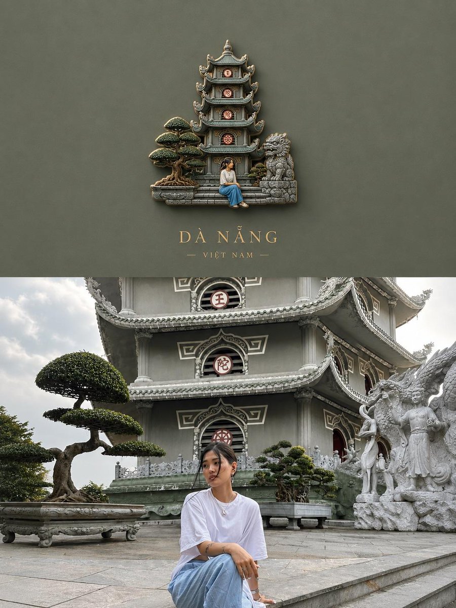 创建一个高级旅行海报,画面中一枚微型 3D 纪念徽章悬浮在干净的哑光背景上。徽章内部包含一个高度精细的微型立体场景,精准还原原始旅行照片的场景:一位旅行者正在欣赏全景式的城市景观/地标风景,建...