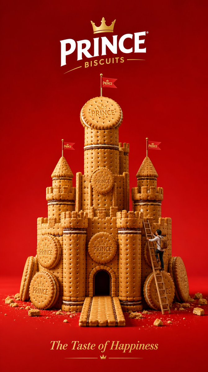 GPT Image 2 on Higgsfield 提示词 为 Prince Biscuits（王子饼干）设计一张极简奢华的 3D 广告海报。 视觉中心是一座超现实的巨型金色饼干城堡，完全由标...