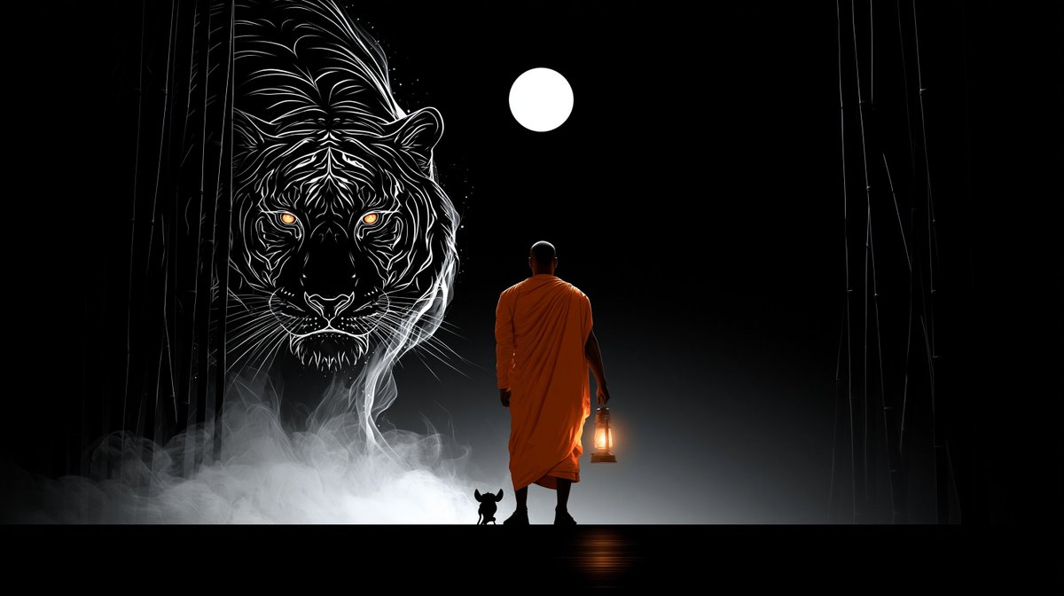古老虎灵从竹林薄雾中浮现，琥珀色双眼闪烁发光，僧人手持灯笼平静伫立，月光洒落，神圣氛围 --chaos 30 --ar 16:9 --raw --sref 2240754668 --hd --...