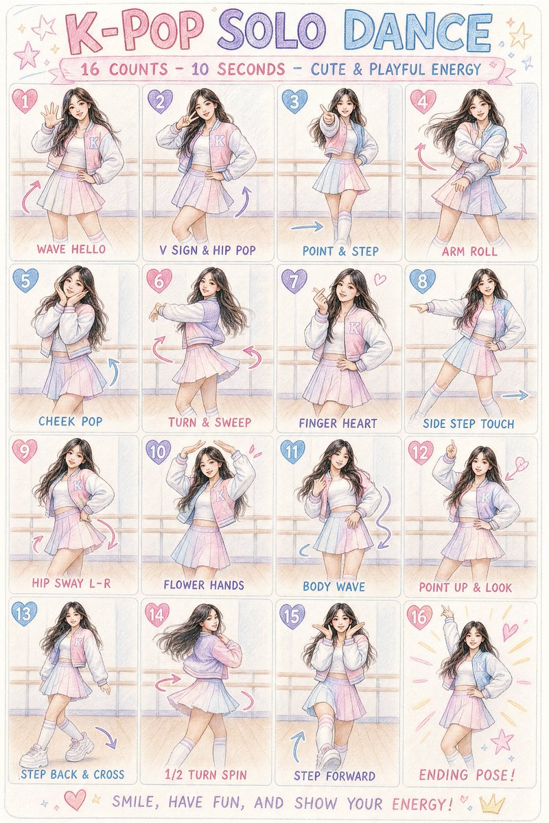 一张彩色铅笔素描风格的 K-pop 单人舞蹈编排动作表信息图。 布局：16 个步骤排列成干净的 4x4 网格，每个面板展示一个不同的舞蹈动作。 主体：一位亚洲少女，长长的波浪卷发，穿着时尚的粉...