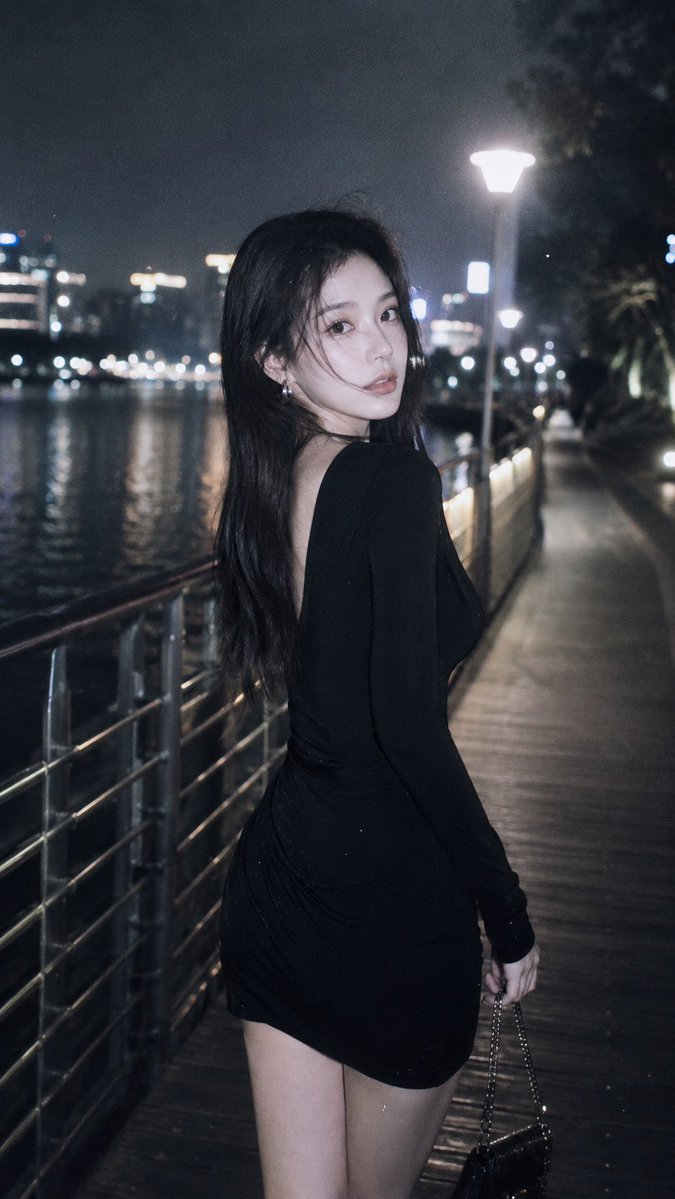 风格：CCD 柔光胶片摄影 概念：情绪感城市夜景街头人像 场景：夜晚的湖边栈道，街灯光芒，水面反光，栏杆步道 着装：修身黑色长袖连衣裙，银色耳饰，小型链条包 氛围：冷酷疏离，深夜氛围，克制优雅...