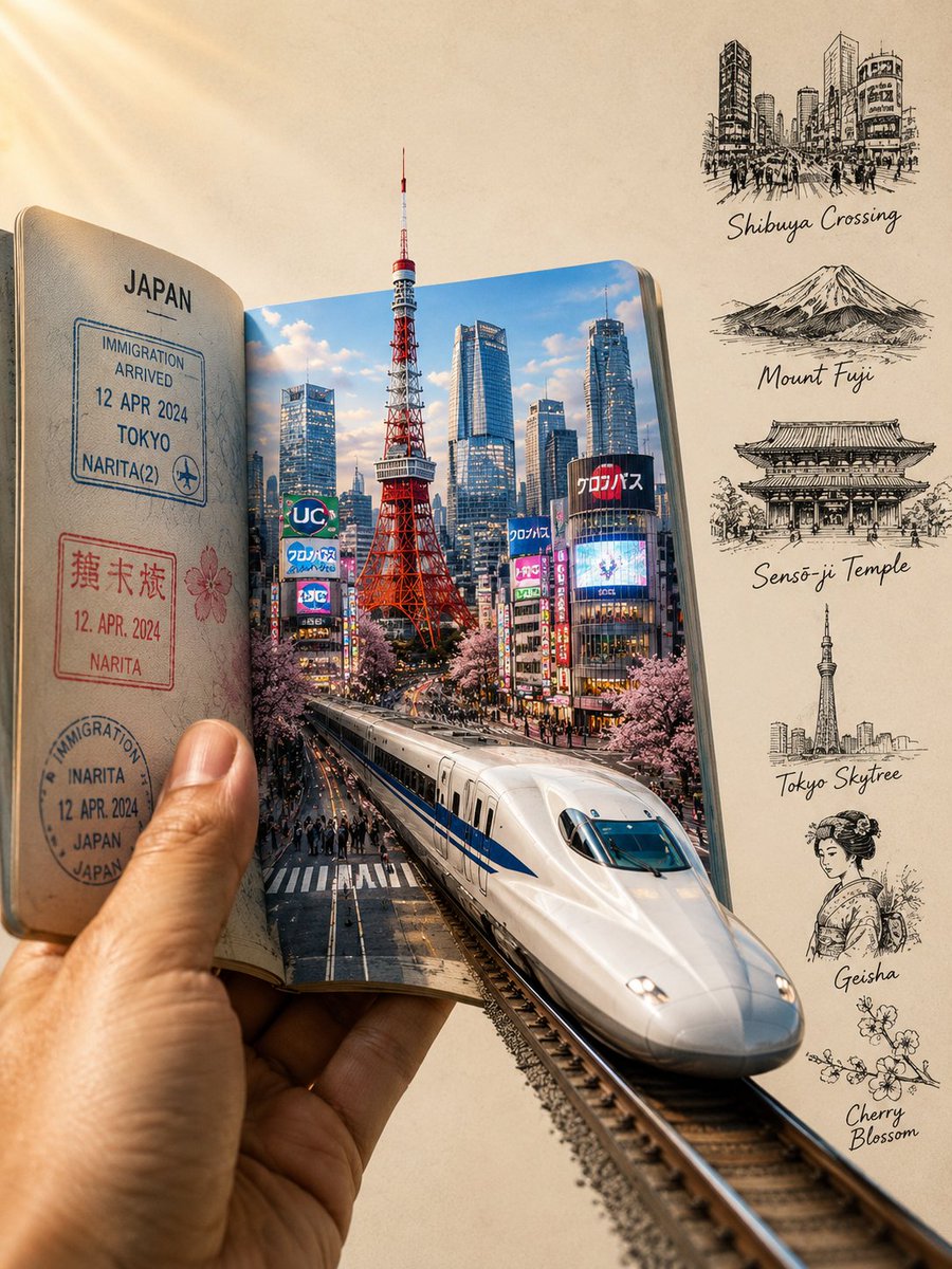 超写实、电影感的日本旅行主题概念艺术作品，纵向 3:4 画幅。一只手握着一本翻开的护照，护照化身为通往东京的魔法之门。护照左页呈现逼真的入境印章、旅行签证、日式纹样以及做旧纸张质感；右页则活了...