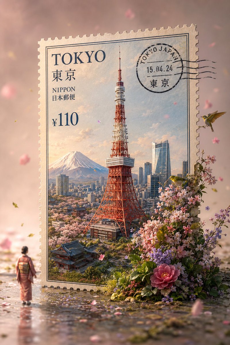 一张超写实微距摄影作品：一张来自[COUNTRY]的巨型独立立式复古邮票，放置在无缝、柔和、色彩协调的淡粉色工作室背景前。邮票上印有来自[COUNTRY]最具标志性和辨识度的地标，该地标呈现精...