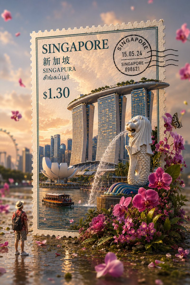 一张超写实微距摄影作品：一张来自[COUNTRY]的巨型独立立式复古邮票，放置在无缝、柔和、色彩协调的淡粉色工作室背景前。邮票上印有来自[COUNTRY]最具标志性和辨识度的地标，该地标呈现精...