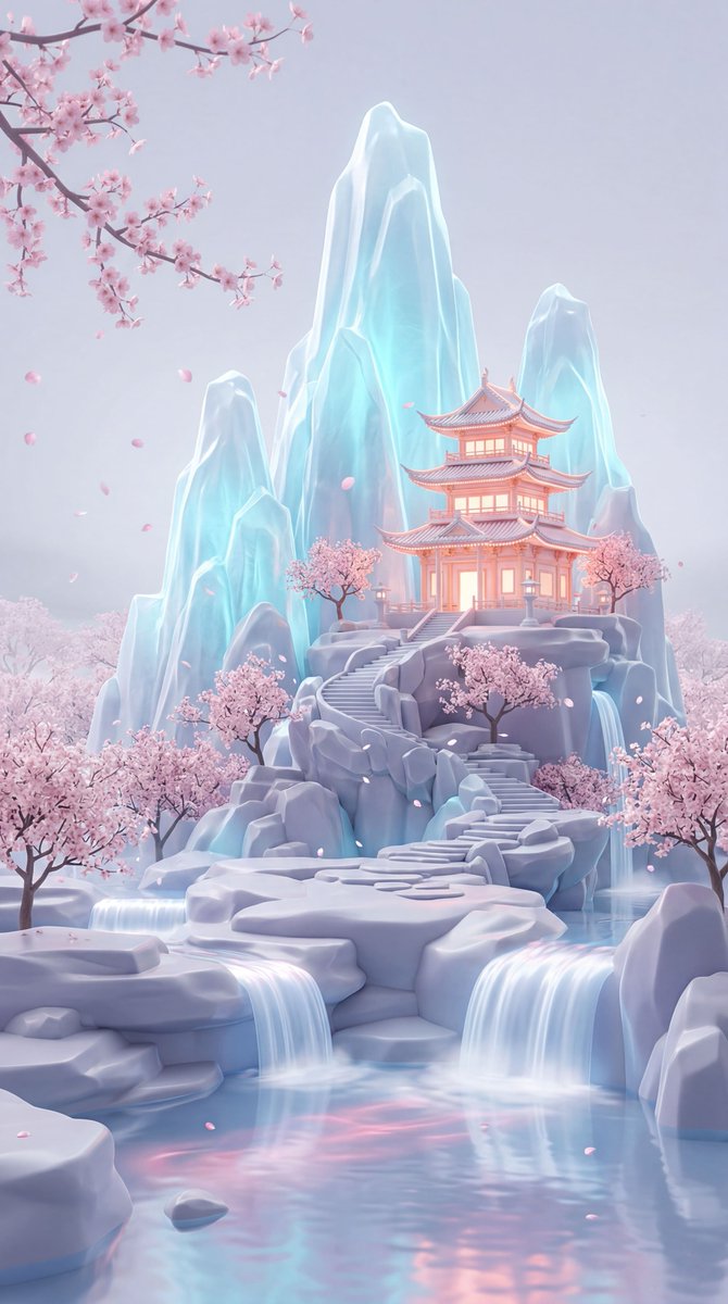 竖幅构图的梦幻粉彩奇幻风景，展示了一座发光的东亚宝塔式寺庙，坐落在一组高耸的水晶冰山半腰，被娇嫩的粉色樱花树和飘落的花瓣环绕。场景为宽幅环境镜头，拍摄角度为略低的正面视角，居中构图，寺庙放置在...