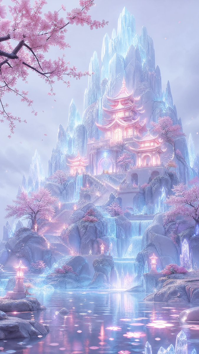 竖幅构图的梦幻粉彩奇幻风景，展示了一座发光的东亚宝塔式寺庙，坐落在一组高耸的水晶冰山半腰，被娇嫩的粉色樱花树和飘落的花瓣环绕。场景为宽幅环境镜头，拍摄角度为略低的正面视角，居中构图，寺庙放置在...