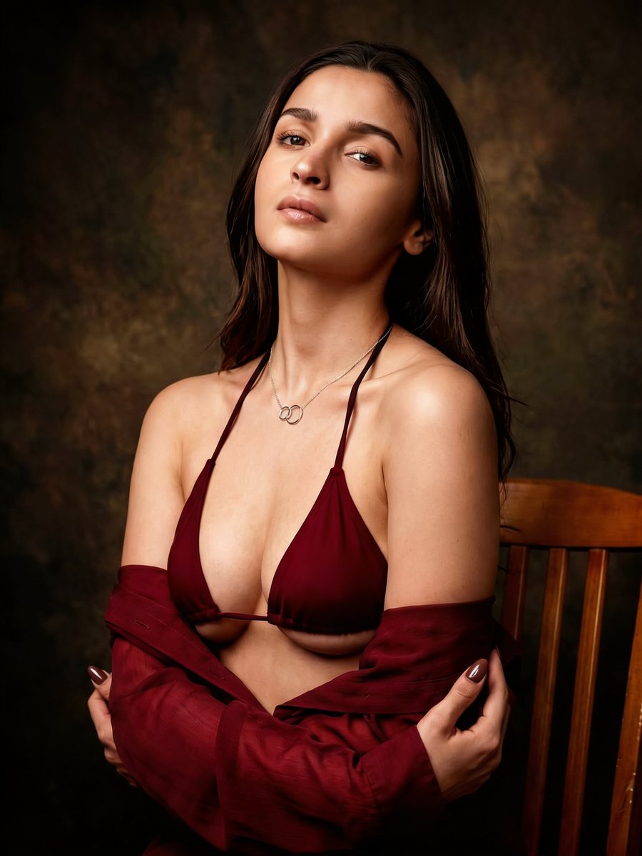 Alia Bhatt 🔥 Nano Banana Pro 提示词 👇 一张照片般逼真的工作室人像照：一位年轻成年女性坐在混凝土地面上，旁边是一把复古木椅，身穿深酒红色三角比基尼。姿态放松优雅，...