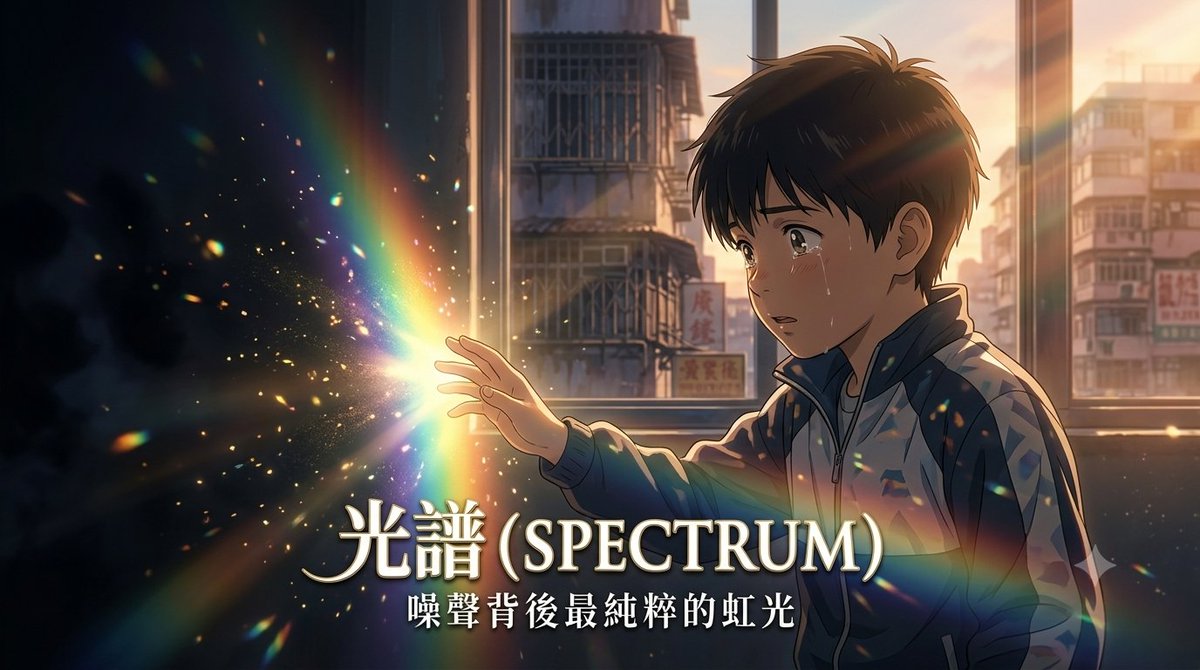 一个六岁男孩的小手轻轻触碰从黑暗中浮现的发光彩色光谱，温暖的早晨光线，背景是香港旧唐楼的轮廓，新海诚标志性细腻风格，情感氛围，鲜明柔和的色彩，漂浮粒子，电影级构图，动画电影标题卡，8k 杰作，...