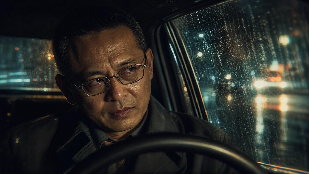 雨夜，一名侦探坐在光线昏暗的复古汽车内，透过侧窗向外望去的电影级静态剧照。构图：透过前景的方向盘取景，紧凑构图，营造出亲密与孤独感。光学效果：路灯发出的体积光束打在湿漉漉的玻璃上，漫射效果，强...