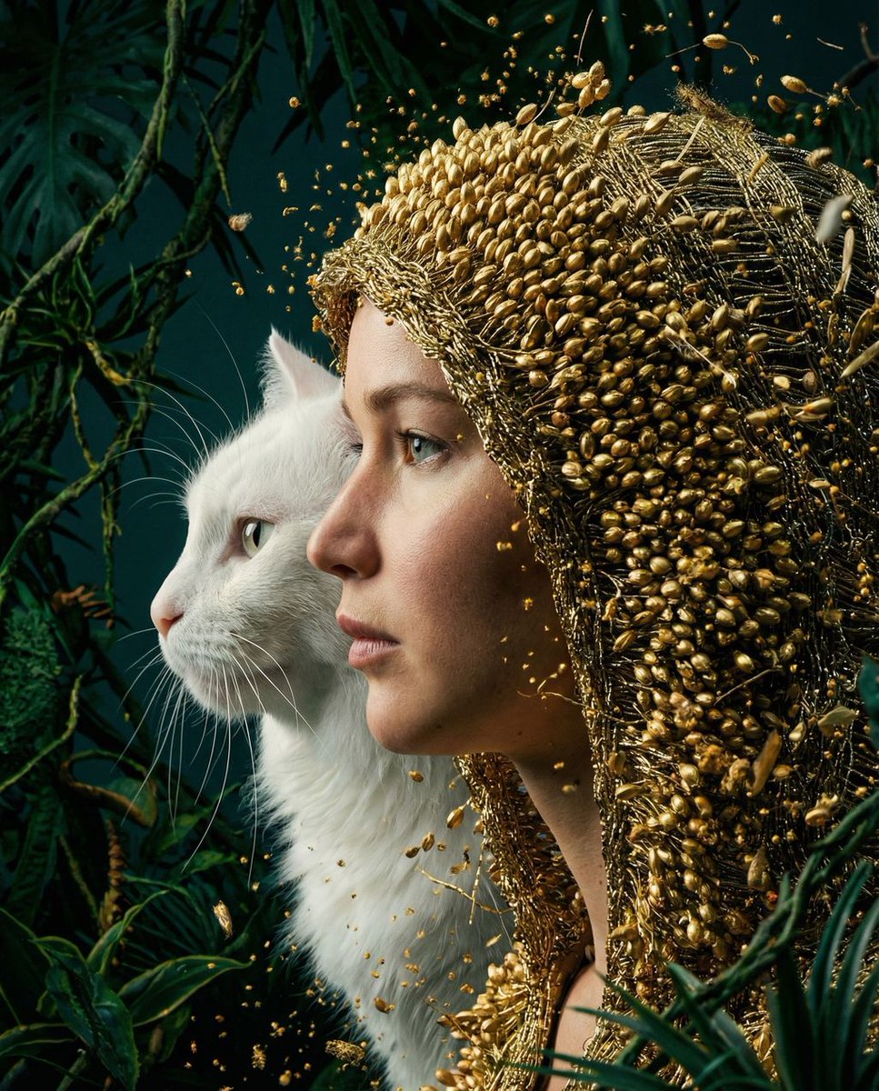 女性, The Protagonist, 无年龄感, 无瑕的严格侧面，超精细的皮肤毛孔、细密的绒毛，中性而强烈的凝视, 完全隐藏于厚重、质感强烈的金色兜帽之下, 仅可见头部与颈部，包裹在金色结...