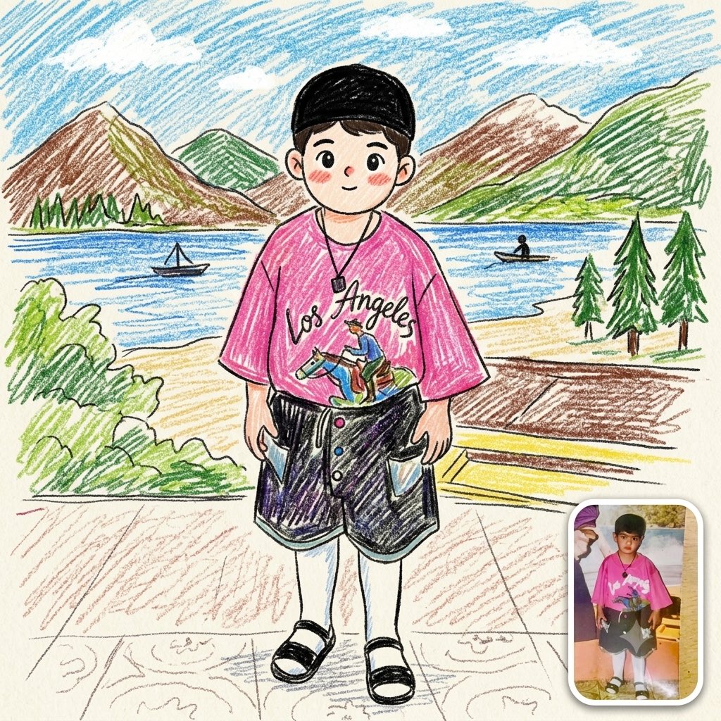 将上传的照片转换为一幅可爱的童趣蜡笔画，同时保留原始的姿态、构图、服装、表情和背景。使用彩色蜡笔和彩色铅笔的纹理、凌乱的涂鸦、颤抖的线条以及在纹...