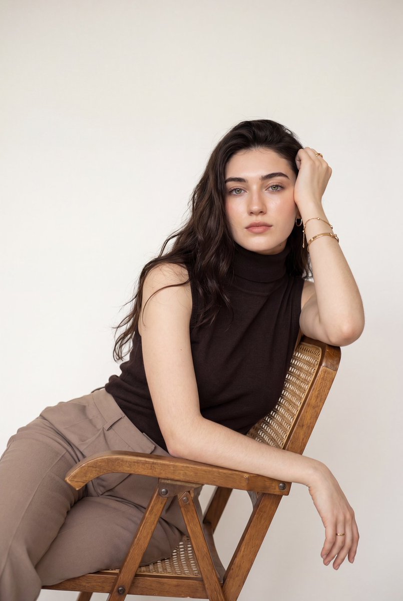 极简奢华时尚摄影, 女性, leaning sideways over a wooden chair, head resting on one...