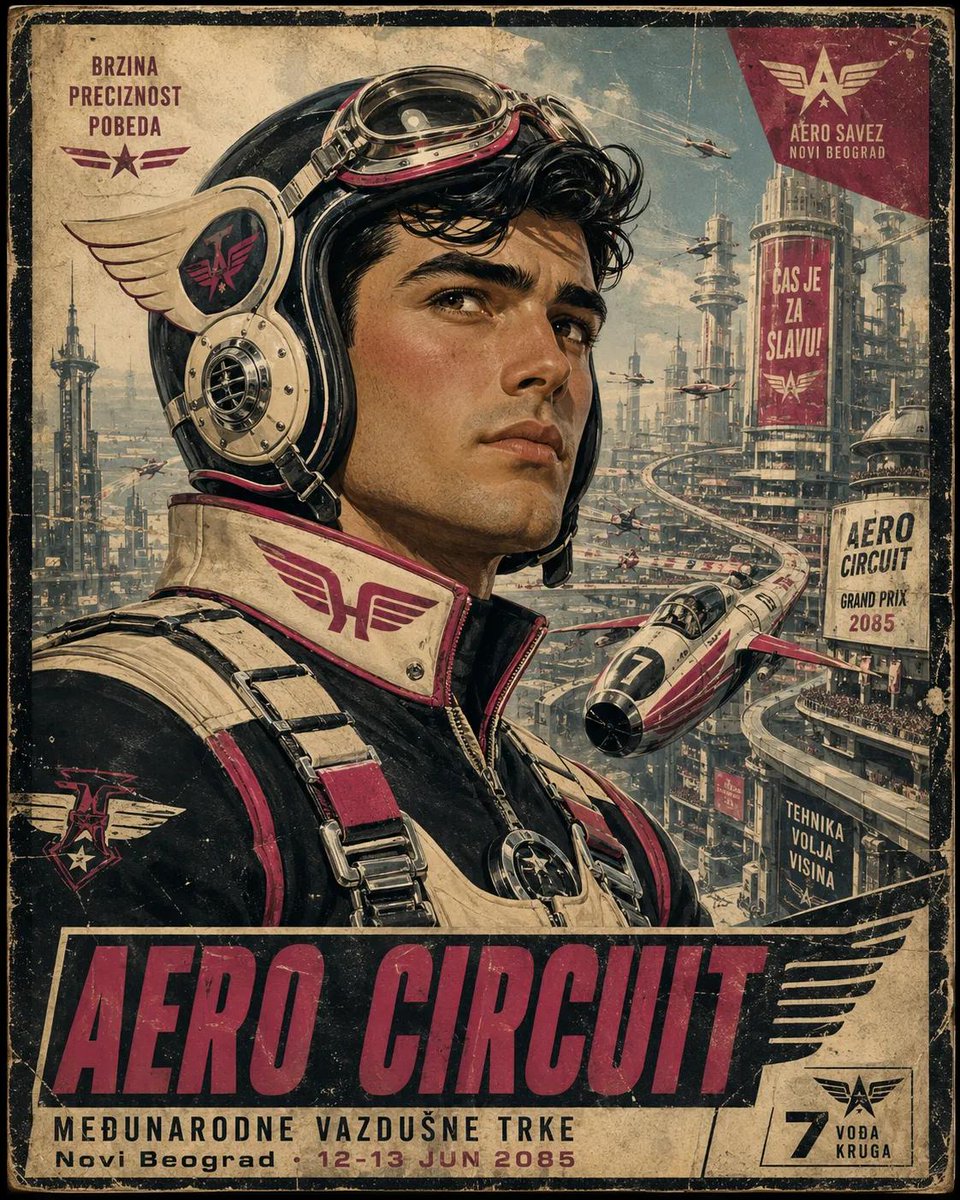 复古未来主义宣传旅行海报，英雄主义航空探险家肖像，腰部以上构图，复古飞行员头盔配以铬制护目镜与翼形耳罩，精致皮革束带，饱经风霜的飞行制服上绣有任务徽章，自信地凝视地平线，大胆的装饰艺术字体，底...