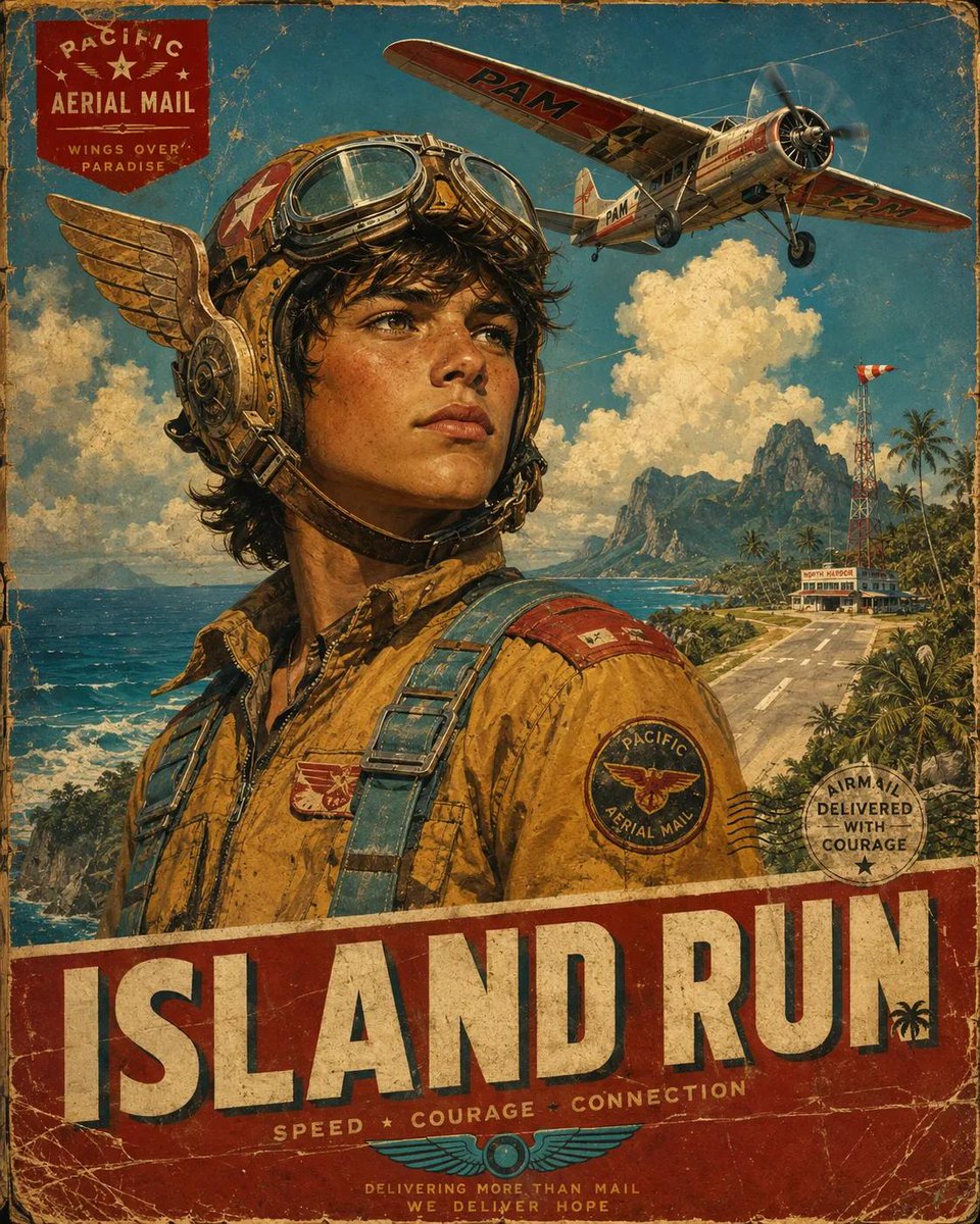 复古未来主义宣传旅行海报，英雄主义航空探险家肖像，腰部以上构图，复古飞行员头盔配以铬制护目镜与翼形耳罩，精致皮革束带，饱经风霜的飞行制服上绣有任务徽章，自信地凝视地平线，大胆的装饰艺术字体，底...