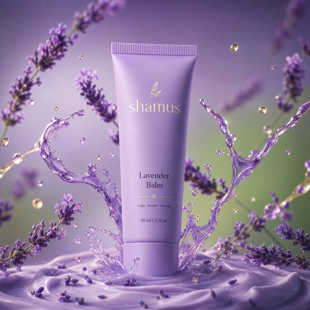 一支印有“M 薰衣草 balm”标签的高级哑光薰衣草色管状物直立在奶紫色表面，薰衣草花朵呈动态模糊状态环绕旋转，薰衣草油滴飞溅在空中。简约柔和紫色渐变背景，光泽纹理，温暖梦幻光线，超锐利细节