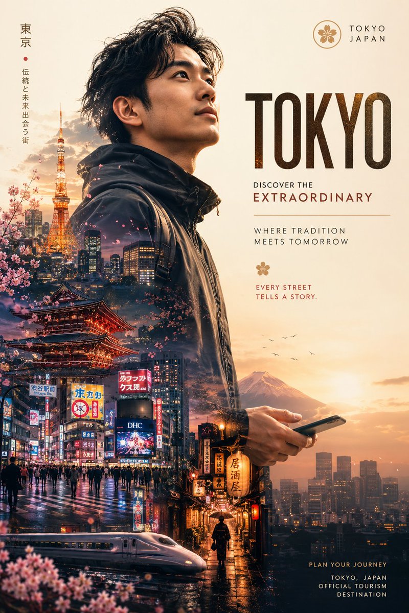 创建图片 超高端目的地营销海报，呈现一位时尚现代的旅行者，采用优雅的双重曝光编辑风格。一幅高度精细的电影感肖像：一位自信的年轻旅行者站在精致的暖象牙米色背景前，身穿现代黑色夹克与极简旅行背包，...