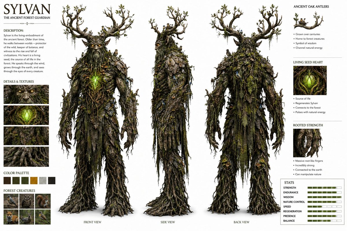 - 一份高度详细、写实的角色设计图，主题为"SYLVAN"（森林守护神）——一位鲜活的远古森林守护精灵。正面、侧面、背面三视图。高大威压的身形，身体由活木构成，树皮般的肌肤上裂纹处生长着苔藓，...