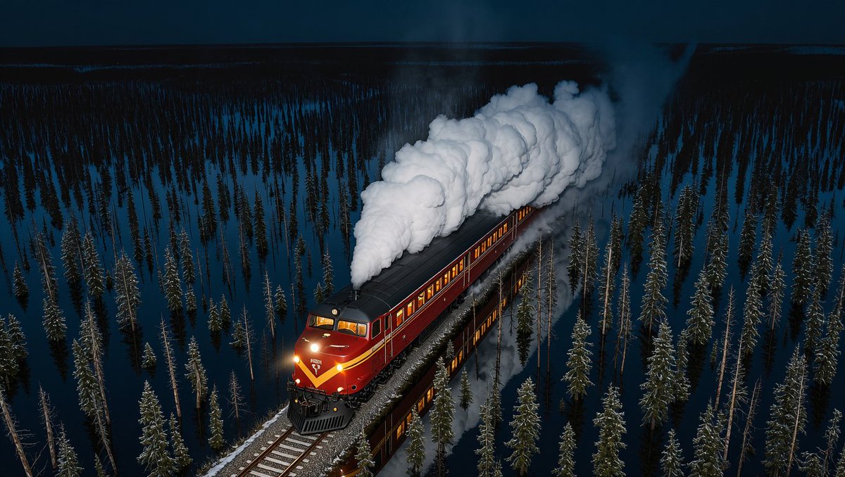 编辑所附的航拍夜景图片：一列红色西伯利亚大铁路（Trans-Siberian）机车正穿过白雪覆盖的西伯利亚针叶林（taiga）。 将所有树木之间的地貌改造成一片广阔、浅层的洪水水面。每两棵树之...