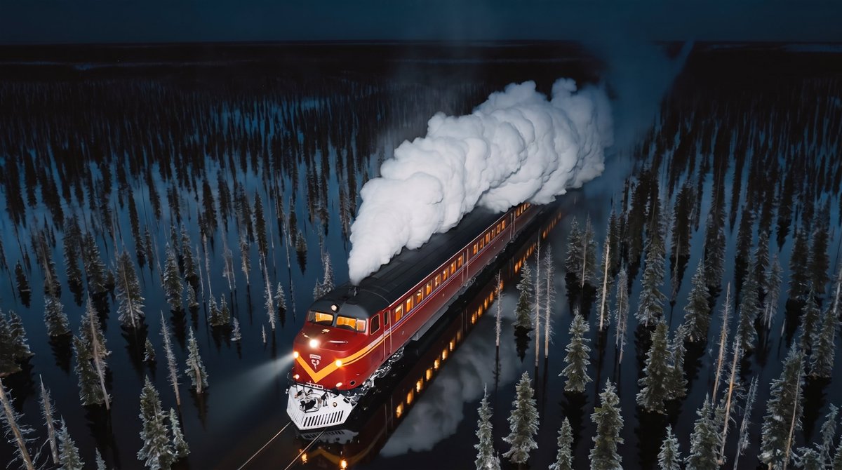 编辑所附的航拍夜景图片：一列红色西伯利亚大铁路（Trans-Siberian）机车正穿过白雪覆盖的西伯利亚针叶林（taiga）。 将所有树木之间的地貌改造成一片广阔、浅层的洪水水面。每两棵树之...
