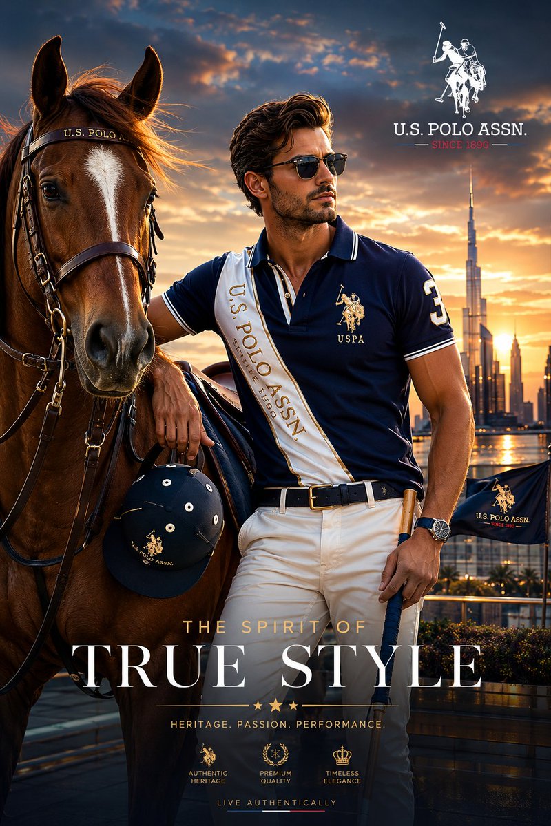 为U.S. Polo Assn.创作一张高级奢侈时尚活动海报：日落时分，一位自信成熟的男模特站在一匹雄健马球旁，身处专属屋顶露台，俯瞰现代城市天际线。该场景需呈现正宗马球传承与当代奢侈时尚的完...