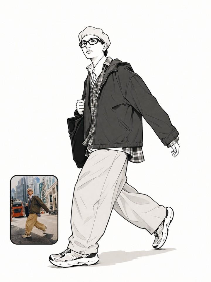将上传的参考照片转换为干净的黑白漫画风格线稿插画，同时保留原始图像中完全相同的姿势、构图、服装、配饰、面部表情和透视。创作一幅全身人物画，具备优雅墨线轮廓、流畅轮廓线、浅淡灰度阴影、极简黑白美...