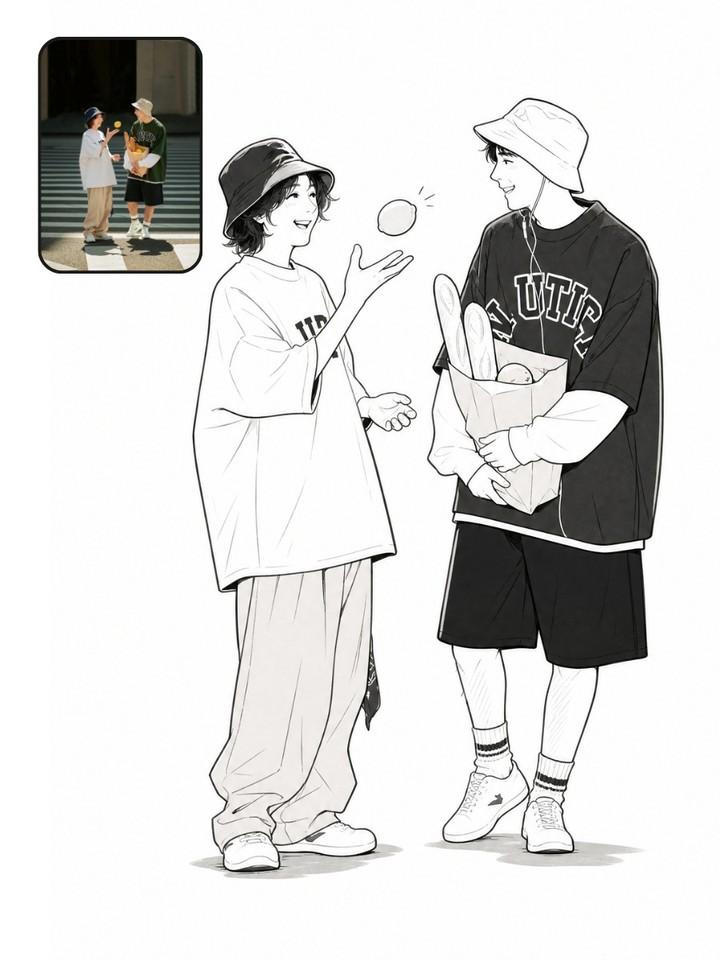 将上传的参考照片转换为干净的黑白漫画风格线稿插画，同时保留原始图像中完全相同的姿势、构图、服装、配饰、面部表情和透视。创作一幅全身人物画，具备优雅墨线轮廓、流畅轮廓线、浅淡灰度阴影、极简黑白美...