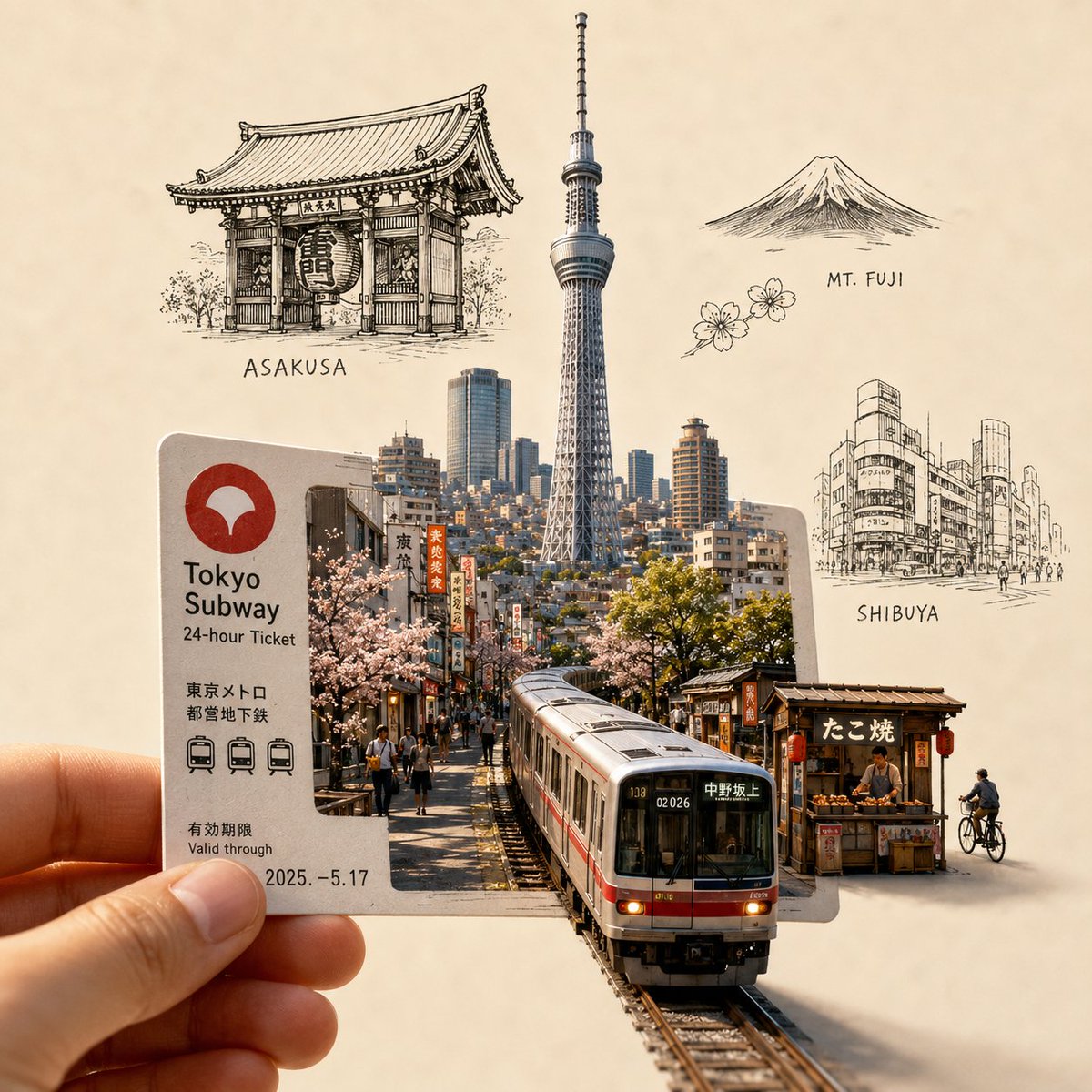 创作一幅高度精细、高端的旅行艺术插画，画面前景中有一只手握着一张[城市专属车票/通行证]。这张车票是通往[城市名称]的入口，一个写实的微缩城市场景从车票中浮现出来。 一个标志性的交通工具([城...
