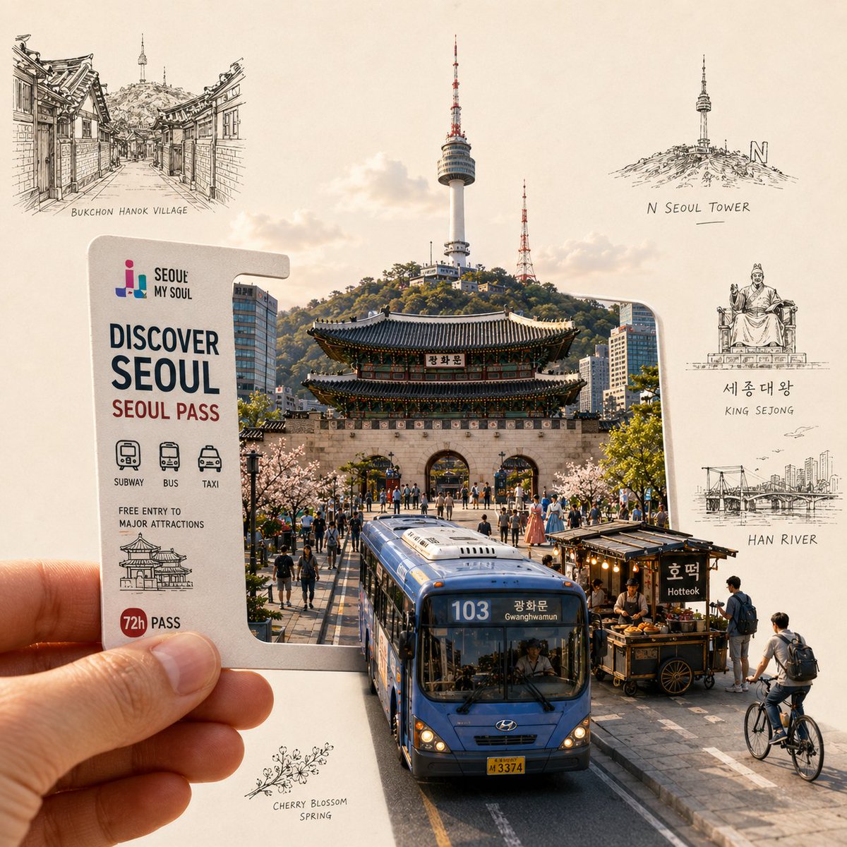 创作一幅高度精细、高端的旅行艺术插画，画面前景中有一只手握着一张[城市专属车票/通行证]。这张车票是通往[城市名称]的入口，一个写实的微缩城市场景从车票中浮现出来。 一个标志性的交通工具([城...